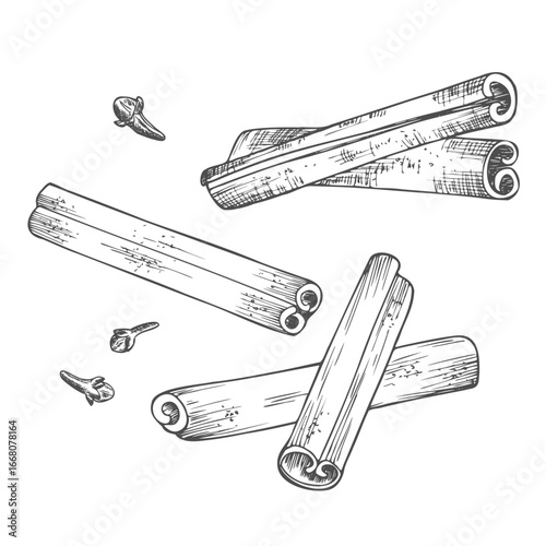 Cinnamon stick seed plant . Hand drawn sketch vector illustration isolated on white. Spicy herbs. Cinnamon Doodle design cooking ingredient for food, dessert. Seasoning spice herb.
