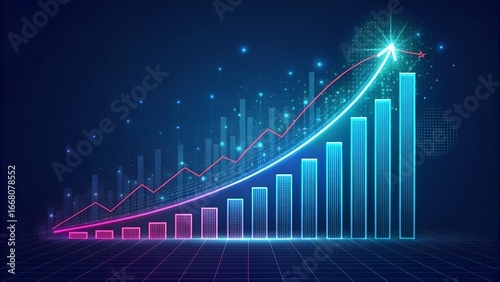 Increasingly abstract Financial chart with moving up growing stock market graph in blue Pink purple light color background.