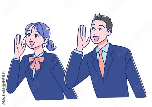 笑顔で声援を送るアニメ調の男女生徒