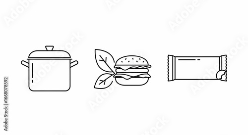 Minimalist Line Art Food Icons Cooking Pot Leafy Burger and Snack Bar.