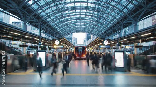 Busy Modern Train Station with Commuters Walking and Traveling.