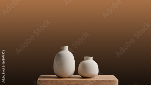 Two ceramic vases on wooden platform against brown backdrop