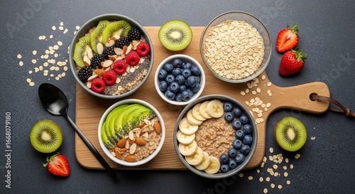 Wallpaper Mural Top view of assorted oatmeal bowls with fresh fruits and nuts on wooden board, a healthy and nutritious breakfast concept Torontodigital.ca