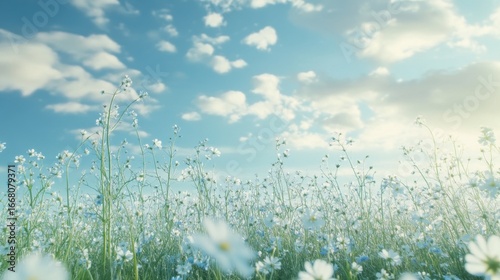 Fototapeta Naklejka Na Ścianę i Meble -  Idyllic meadow of wildflowers under a bright blue sky with puffy clouds
