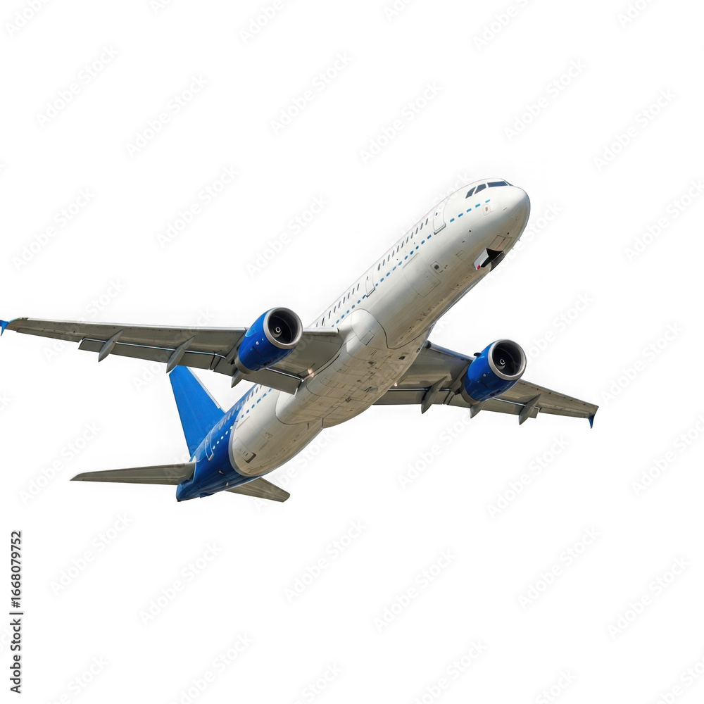 Obraz premium Modern passenger jet airplane ascending against a dark sky isolated on transparent background