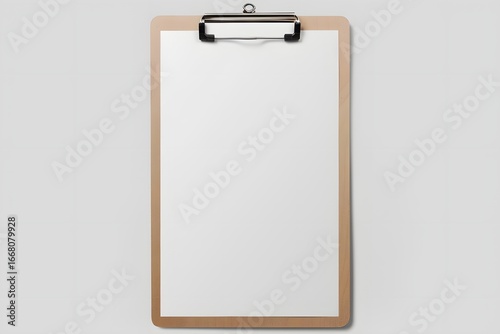 Mockup of wooden clipboard with blank paper isolated on light grey background. 