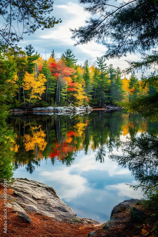 Obraz premium Autumn reflections serene lake forest landscape