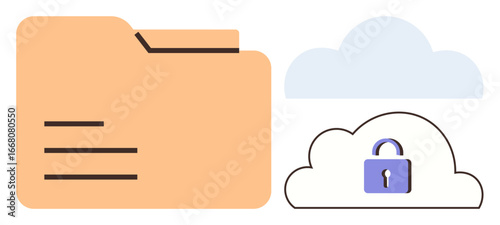 Yellow folder alongside a cloud graphic with a padlock, symbolizing secure digital storage. Ideal for data security, cloud computing, encryption, online safety, cybersecurity, privacy protection