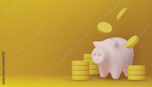 Black piggy bank with stacked coins on yellow background, symbolizing money saving, investment, finance, banking, and economic growth