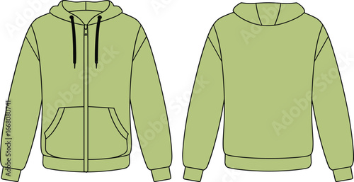 Casual zip up hoodie vector illustration, stylish unisex sweatshirt design with front pockets, drawstring hood, long sleeves, modern clothing template, fashion apparel mockup