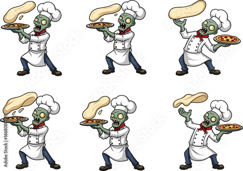 Funny zombie chef tossing pizza dough, cartoon character, undead cooking, Halloween kitchen humor, scary baker illustration, vector clipart, comic horror