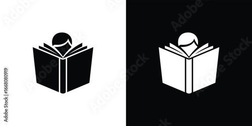 Person Reading Book Icon, Silhouette, Student with Open Book, Knowledge Sign
