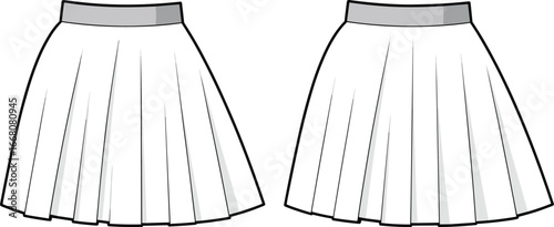 Fashion flat sketch illustration of pleated skirt design with waistband detail, vector garment template for women clothing, apparel design, sewing pattern