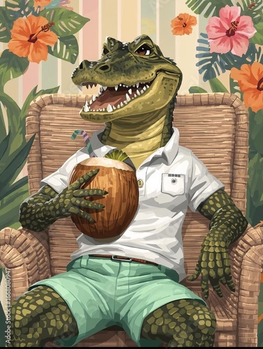 Anthropomorphic Alligator in Polo and Shorts Sipping Coconut Drink