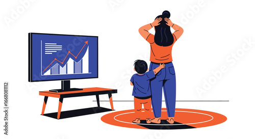 Worried Woman Watching Financial Graph with Child