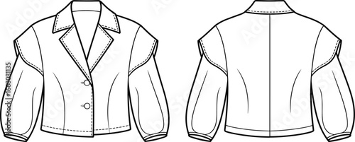 Fashionable cropped jacket vector illustration, women’s blazer with puff sleeves, lapel collar, button front, stylish outerwear design template, modern apparel mockup, clothing sketch