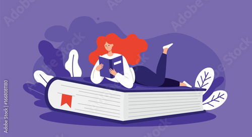Woman Relaxing and Reading a Book While Lying on an Open Book