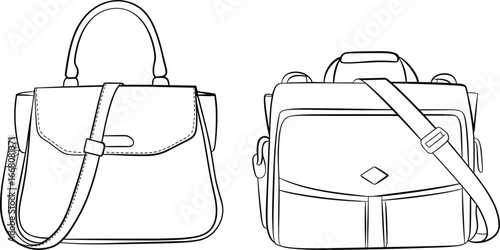 Handbag and backpack vector illustration, fashion accessories sketch with shoulder strap, modern design template, stylish bag outline, trendy apparel mockup, fashion drawing