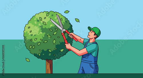 Gardener Trimming Tree with Pruning Shears