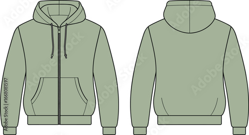 Vector fashion flat sketch illustration of casual zip up hoodie with drawstring hood, front pocket, ribbed cuffs, unisex sweatshirt template for apparel design