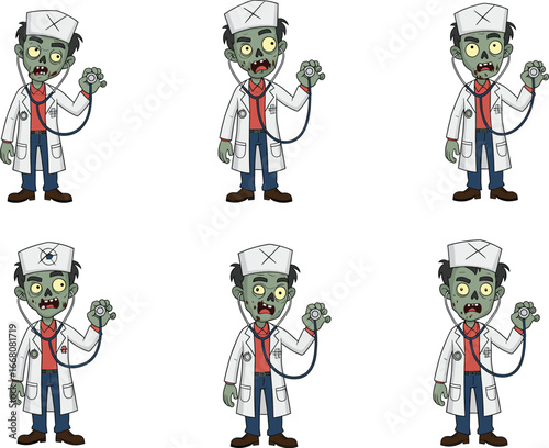 Cartoon zombie doctor with stethoscope, funny undead medic character illustration, medical horror humor, Halloween costume, hospital theme, healthcare parody