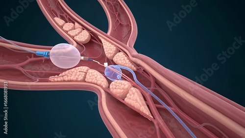 Holographic display showcasing coronary angioplasty technique with catheter and balloon in coronary arteries