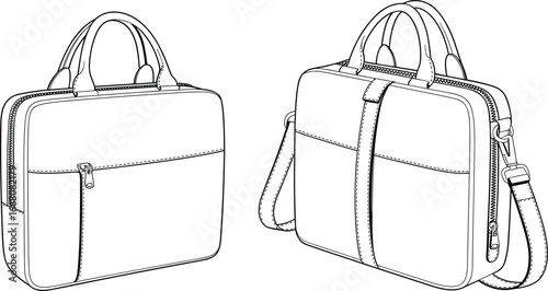 Vector illustration of men’s office briefcase bag fashion flat sketch, laptop case with handle and shoulder strap, modern accessory design template, apparel vector