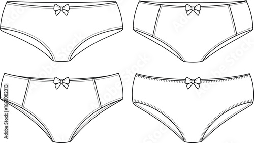 Vector illustration of women’s underwear fashion flat sketch, seamless panties with bow detail, lingerie garment design template, clothing vector for apparel design