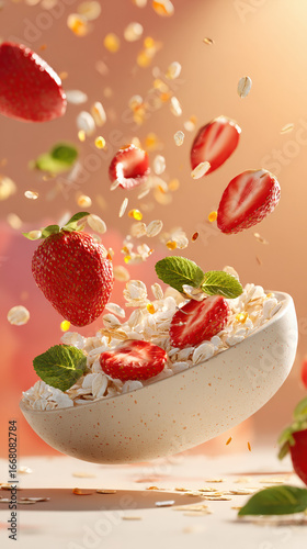 Vibrant bowl of oatmeal and strawberries floating in air