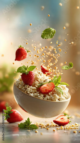 Vibrant oatmeal bowl with strawberries and couscous grains