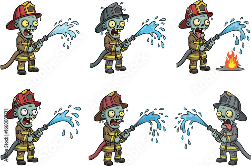 Cartoon zombie firefighter characters spraying water, funny undead firemen in uniform extinguishing fire, Halloween illustrations for games, comics, or animation
