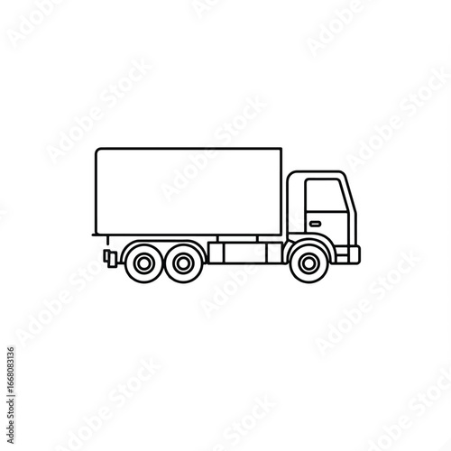 A simple flat 2D vector illustration showcases a cargo truck from a clean side view, featuring a minimal black outline icon on a plain background, representing efficient logistics and delivery.