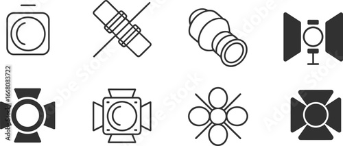 Studio lighting icons, stage light, spotlight, barn doors, photography, videography, theatre, illumination, equipment, production tools, flat vector illustration