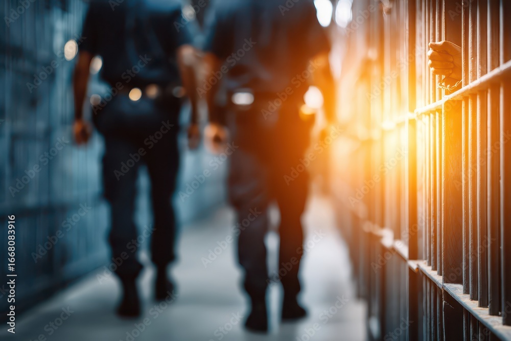 Fototapeta premium Justice System: Hand behind prison bars, blurred officers, dramatic light.