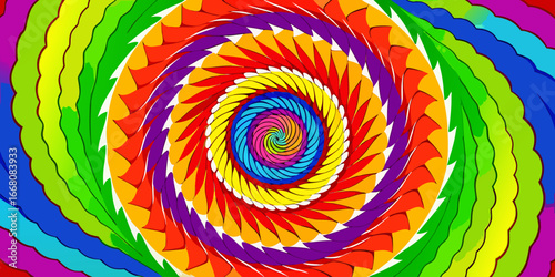 A vibrant tie-dye spiral pattern with bold, saturated rainbow colors including red, orange, yellow, green, blue, and purple. The design radiates outward from the center in a hypnotic swirl, creating a