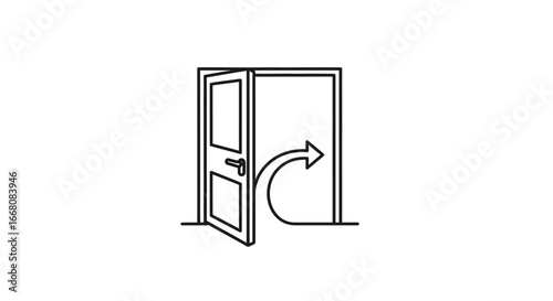 Exit icon showing an open door and an arrow pointing outwards. A simple line art vector symbol for departure, leaving, escape, and finding a way out