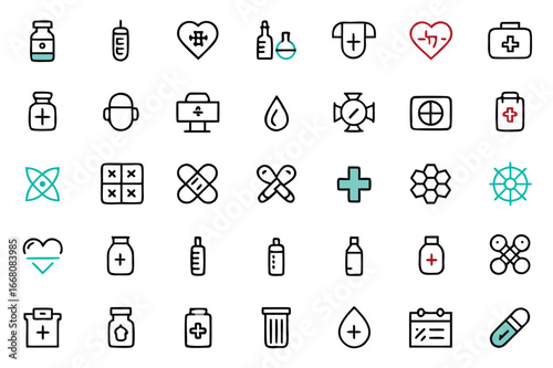Diverse medical healthcare icons set vector graphics for digital and print applications