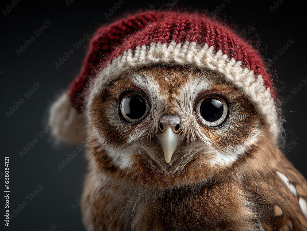 Obraz premium Baby owl wearing a cozy Christmas hat looks adorable