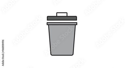 Simple flat vector illustration of a gray trash can icon with a lid, symbolizing discard, delete, or recycling functions in modern digital interfaces and web design