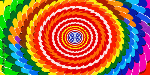 A vibrant tie-dye spiral pattern with bold, saturated rainbow colors including red, orange, yellow, green, blue, and purple. The design radiates outward from the center in a hypnotic swirl, creating a