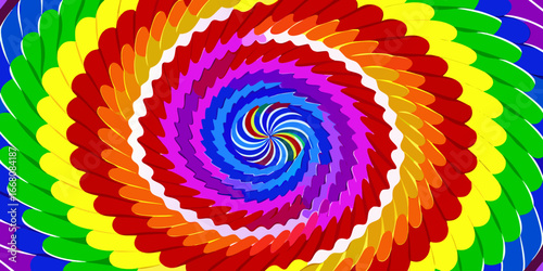 A vibrant tie-dye spiral pattern with bold, saturated rainbow colors including red, orange, yellow, green, blue, and purple. The design radiates outward from the center in a hypnotic swirl, creating a