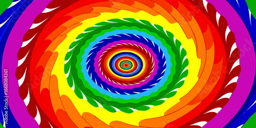 A vibrant tie-dye spiral pattern with bold, saturated rainbow colors including red, orange, yellow, green, blue, and purple. The design radiates outward from the center in a hypnotic swirl, creating a