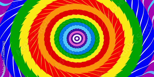 A vibrant tie-dye spiral pattern with bold, saturated rainbow colors including red, orange, yellow, green, blue, and purple. The design radiates outward from the center in a hypnotic swirl, creating a