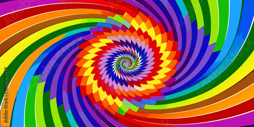 A vibrant tie-dye spiral pattern with bold, saturated rainbow colors including red, orange, yellow, green, blue, and purple. The design radiates outward from the center in a hypnotic swirl, creating a