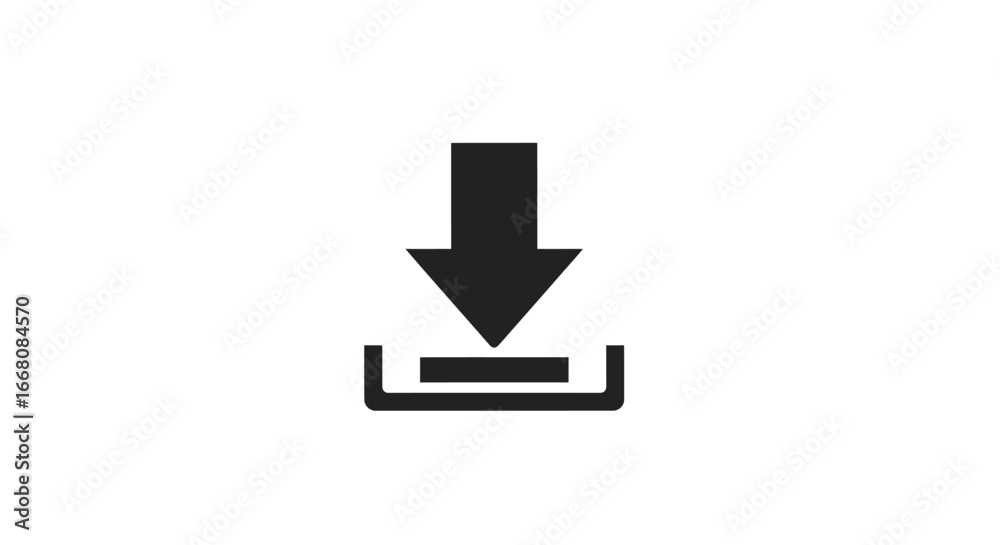 Fototapeta premium Minimalist download icon with a black downward arrow symbol representing file saving and data transfer, isolated on a clean white background
