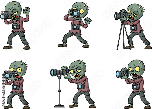 Cartoon zombie photographer characters taking pictures, using cameras and tripods, funny undead cameraman illustration for Halloween, games, comics, or animation