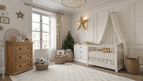Photoreal San Francisco Victorian kids room in luxury classic European design featuring north-facing daylight and ivory white with silver sparkle palette