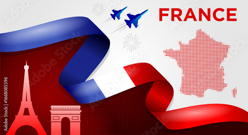 France National Day Banner with Flag Ribbon and Landmarks