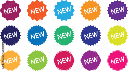 New arrival sticker set, promo tag icons, discount label pack. Starburst price badge, glossy sale symbols, wavy edge red promo tags, flat style vector collection.	