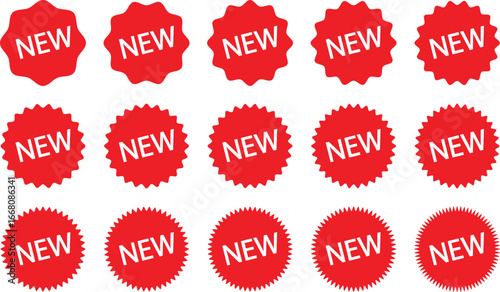 Price tag and discount label set, glossy red promo sticker icons. Sunburst starburst deal tags, new arrival vector badges, round sale symbols, flat style offer labels.